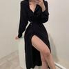 Office Ladies Black Shirt Dresses Women Korean Kpop Fashion Wrap Belt Dress Vintage Elegant Split Solid Spring