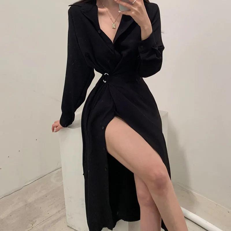 Office Ladies Black Shirt Dresses Women Korean Kpop Fashion Wrap Belt Dress Vintage Elegant Split Solid Spring