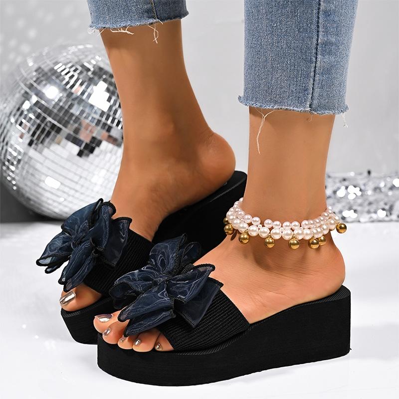 Fashion Women's Bowtie Decor Wedges Sandals Summer Light Comfort Chunky Platform Slippers Plus Size Thick Sole Non Slip Casual Slippers