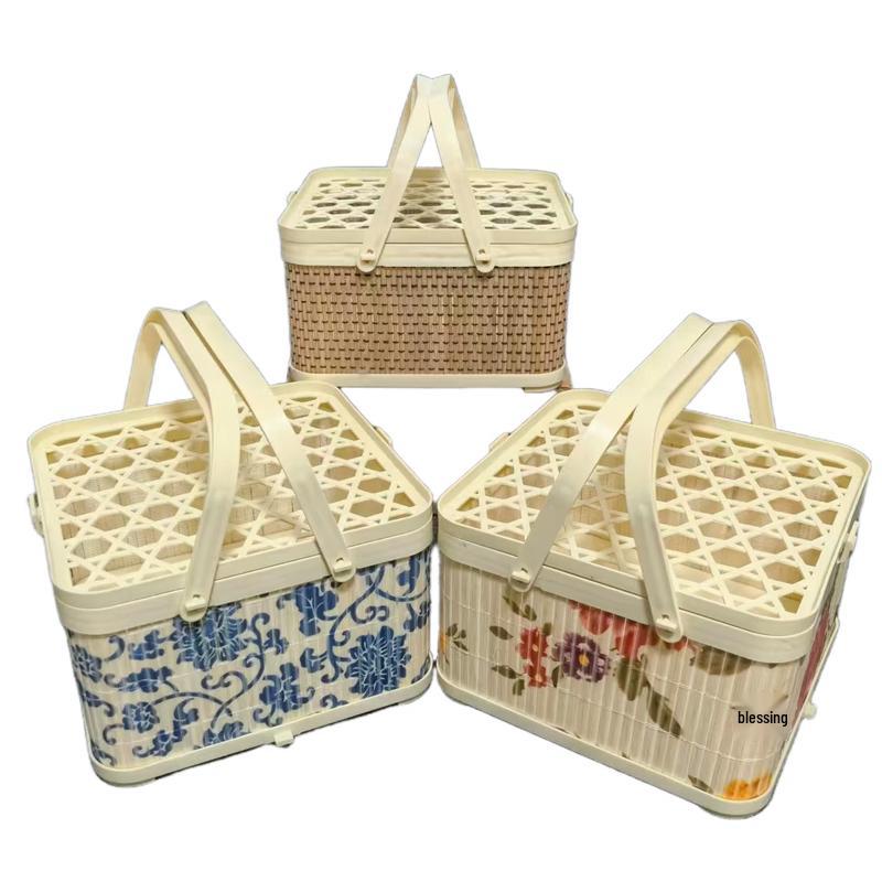 Blue & White Porcelain Style Imitation Bamboo Plastic Gift Baskets (Set of 3)