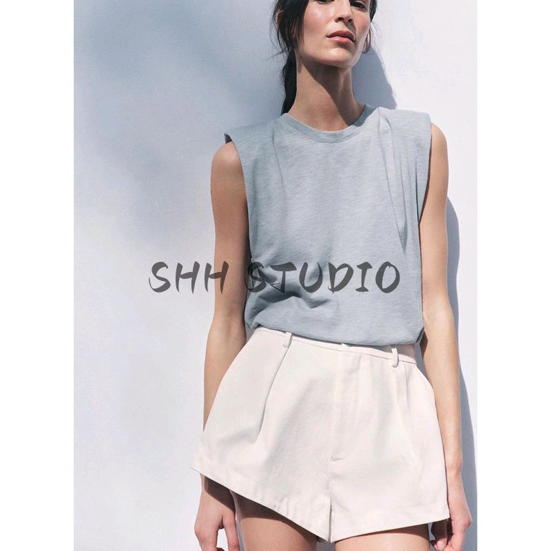 Spring and Summer New Women's Clothing Minimalist round Neck Cotton with Padded Shoulder Washing Effect Sleeveless T-shirt Top 0858203
