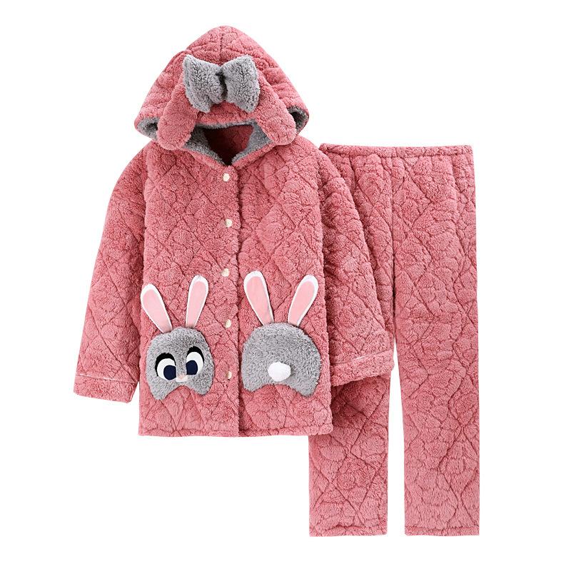Coral Fleece Pajamas Women'S Winter Warm Thickened Fleece Three-Layer Padded Jacket With Hat Flannel Loungewear Set