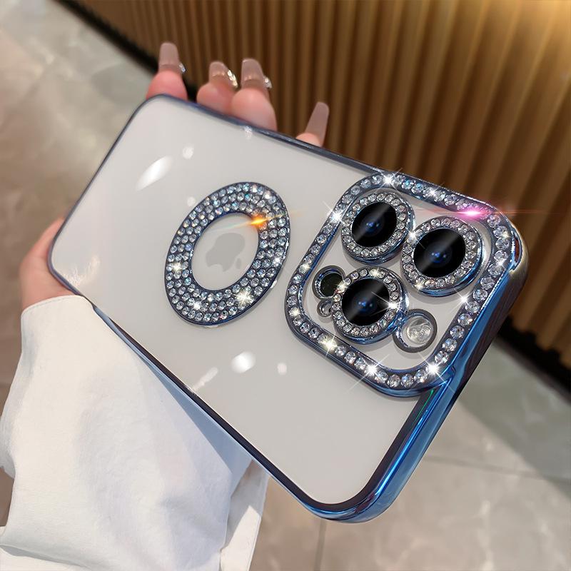For iPhone 16 Pro Max Luxury Glitter Rhinestone Plating Frame Phone Case For iPhone 11 12 13 14 15 16 Plus Diamond Lens Cover