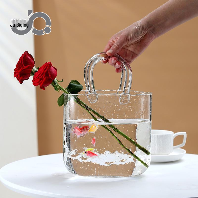Nordic Glass Vase: Stylish Hydroponic Handbag for Fresh Flowers & Fish, Transparent Blue Fishbowl Design