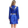 Damen Box Robe Halloween Cosplay Kostüm Langarm Offene Vorderseite Metallische Borte Satin Kapuze Umhang mit Gürtel