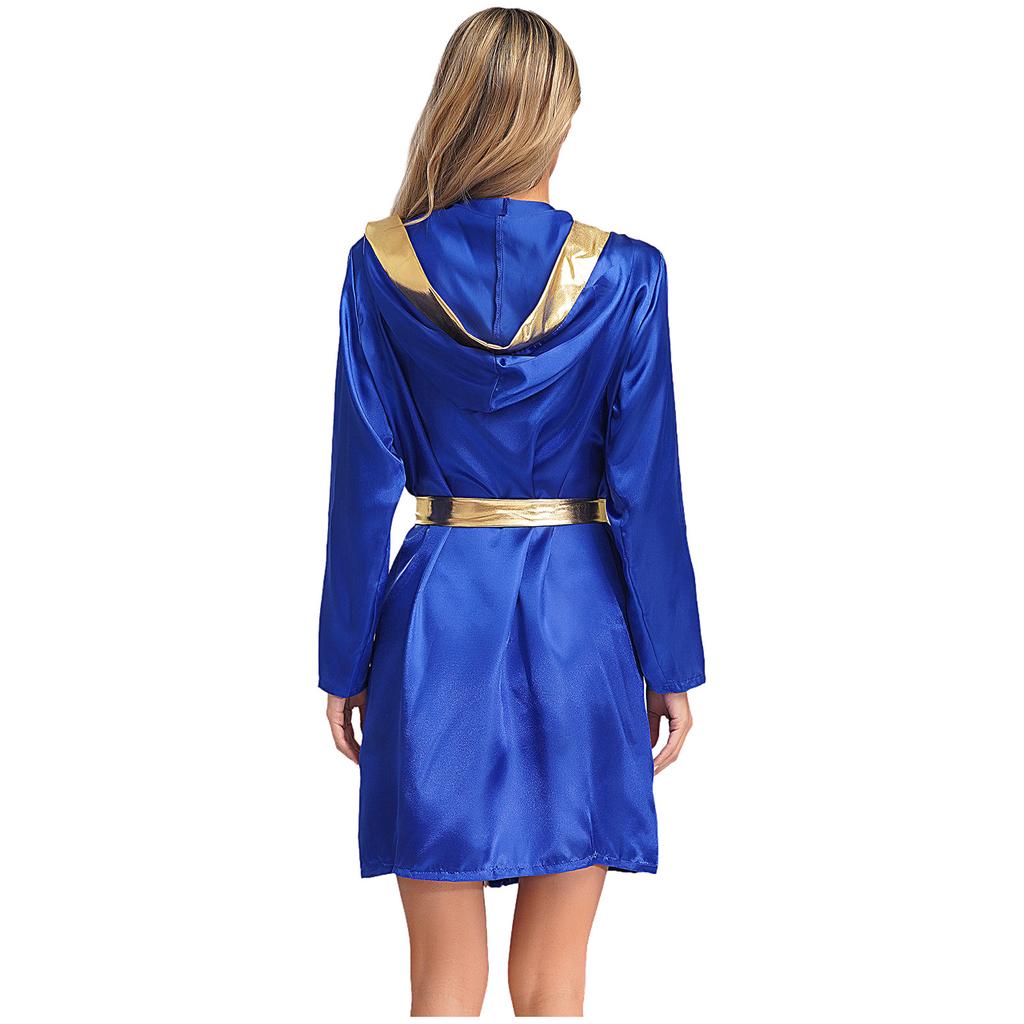 Damen Box Robe Halloween Cosplay Kostüm Langarm Offene Vorderseite Metallische Borte Satin Kapuze Umhang mit Gürtel