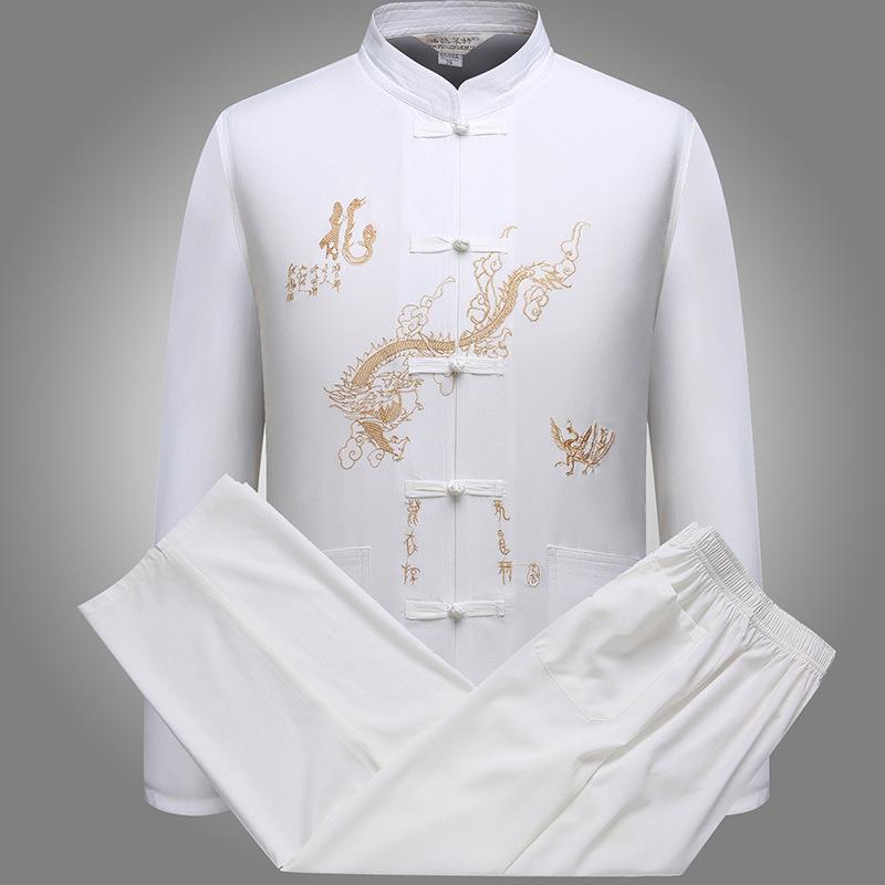 Chinese Traditional Men's Tang Suit Sets Long Sleeve Long Pants Dragon Kung Fu Suit Embroidery Dragon Shirt