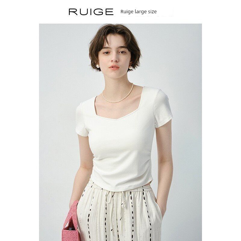

plus Size Women s Clothes Short Sleeve Square Collar Shoulder T-shirt Covering Belly Thin Waist-Tight Elegant Summer New Arrival Oversized Girls Top Cloud White (Batch 2) XXL
