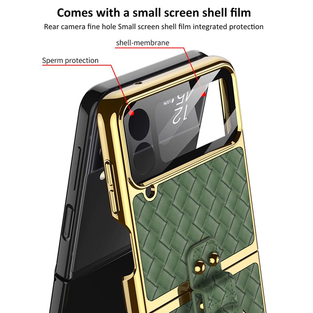Ring Stand Capa For Samsung Galaxy Z Flip 4 5g Flip4 Case Plating Weave Textured Leather Lens Tempered Glass Plastic Pc Cover