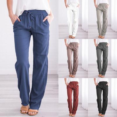 Women's Elastic Waist Solid Color Wide Leg Pants Loose Yoga Pants Ladies Retro Cotton Linen Straight Leg Pants