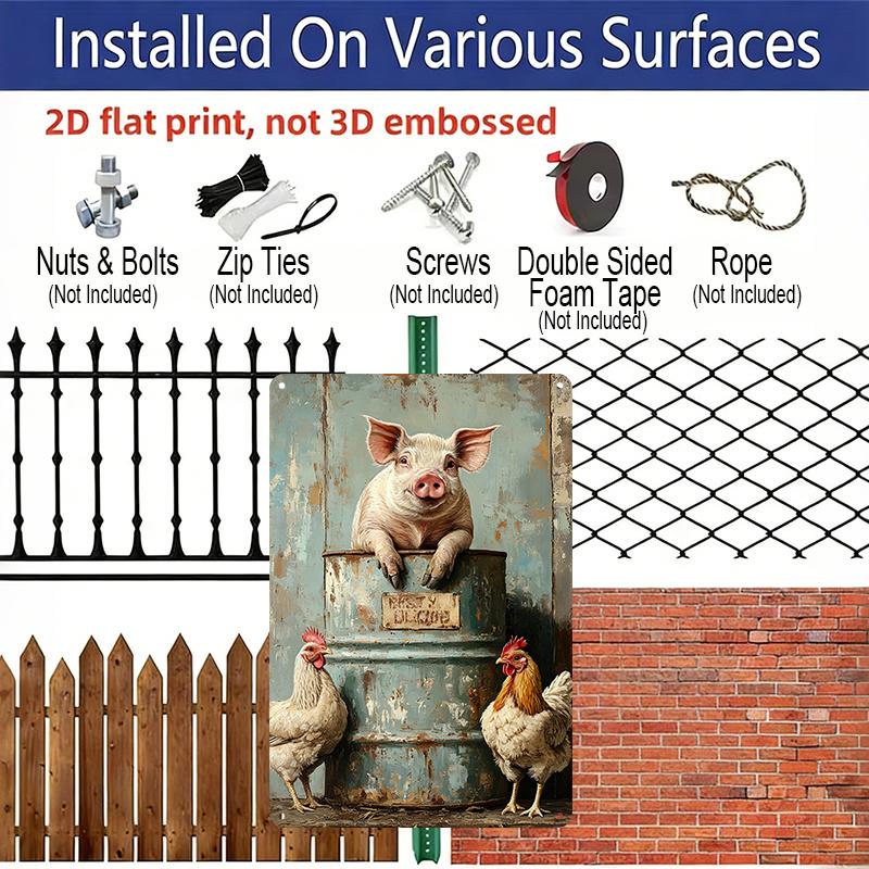 2D Flat, 1pc Rustic Farmhouse Vintage Metal Sign - 8x12 Inch Aluminum Wall Plaque with Whimsical Pig & Chicken Design, No Electricity Needed, Easy
