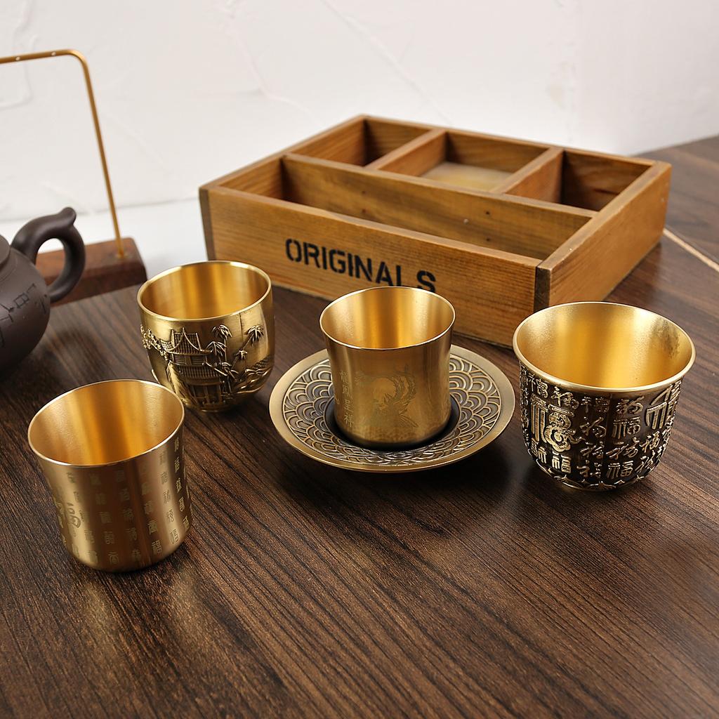 Brass Small Waist Baifu Cup Dragon and Phoenix Cup Landscape Cup Creative Small Cup Two or Two Cups Brushed Sealing Glaze Laser Engraving