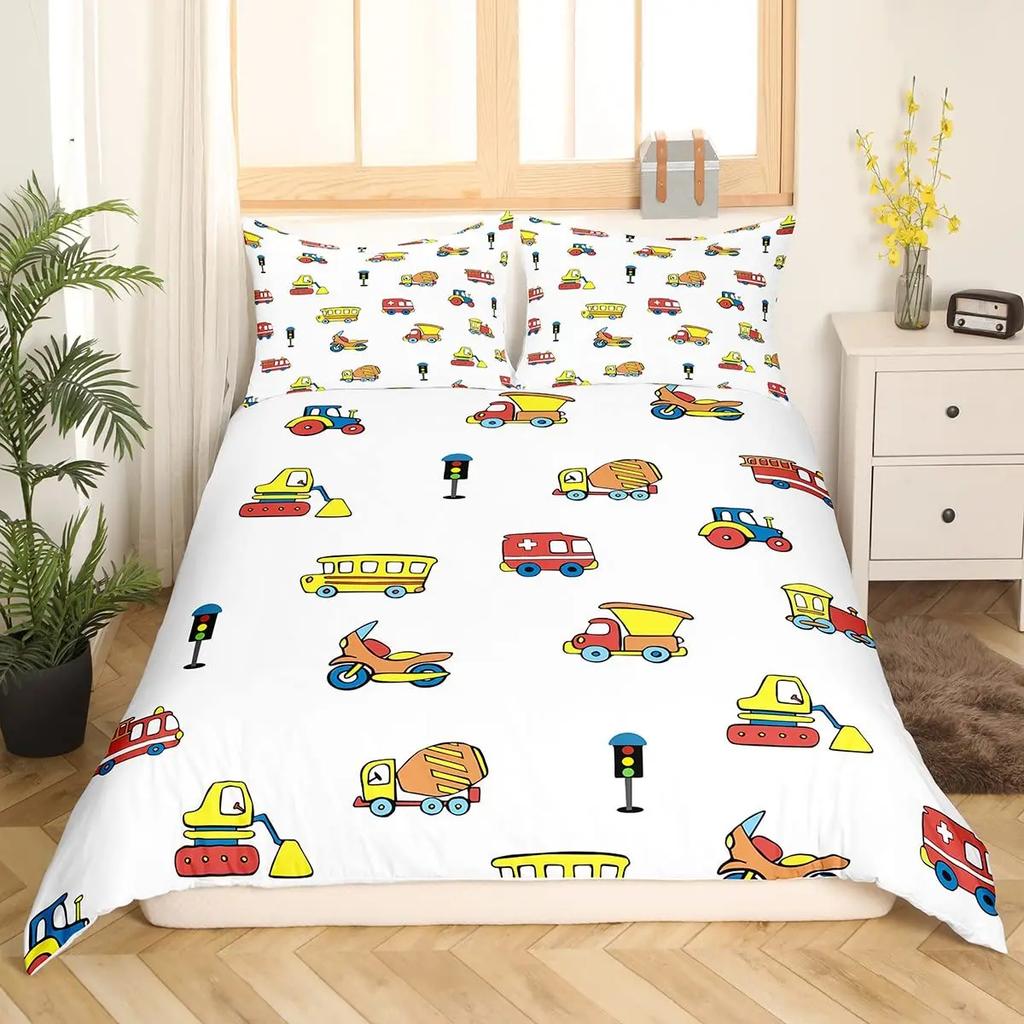 Truck Excavator King Queen Duvet Cover Yellow Tractor Bedding Set For Kids Boys Girls Cartoon Car Transporter 2/3Pcs Quilt Cover