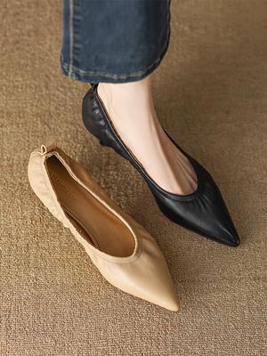 Pointed Cat Heel Single Shoes Women's Summer Soft Skin Shallow Mouth Middle Heel Commuter Professional Work High Heels Spring and Autumn