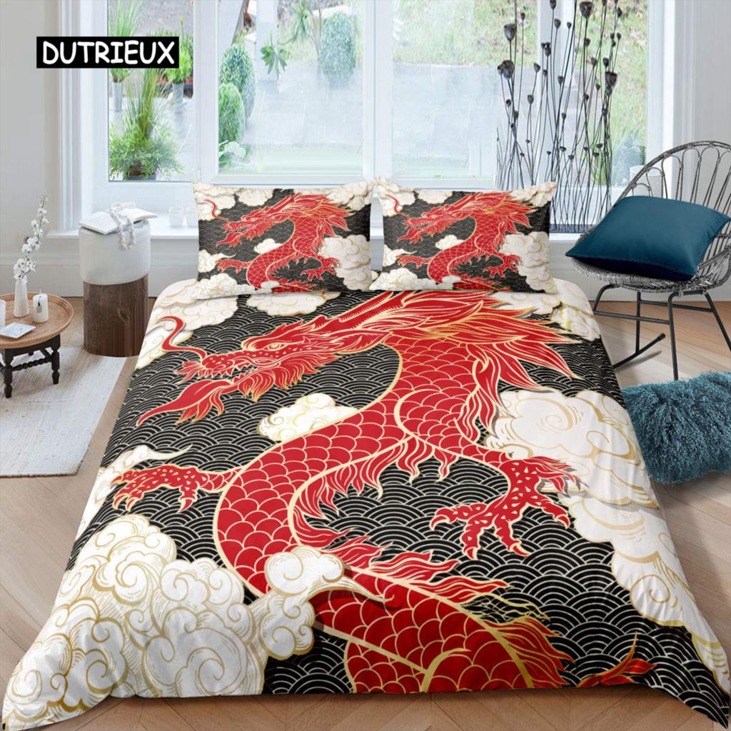 Fire Dragon Duvet Cover Set Magical Dinosaur Bedding Set Jungle Animals Pattern Wildlife Style King Size Polyester Quilt Cover