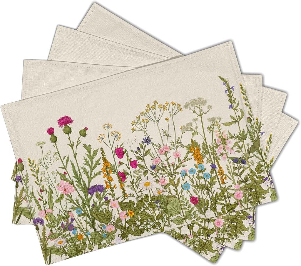 Spring Summer Floral Placemats Set of 4 18x12 Inch Antique Herbs and Wild Flowers Linen Place Mat Wipeable Wildflower Table Mat