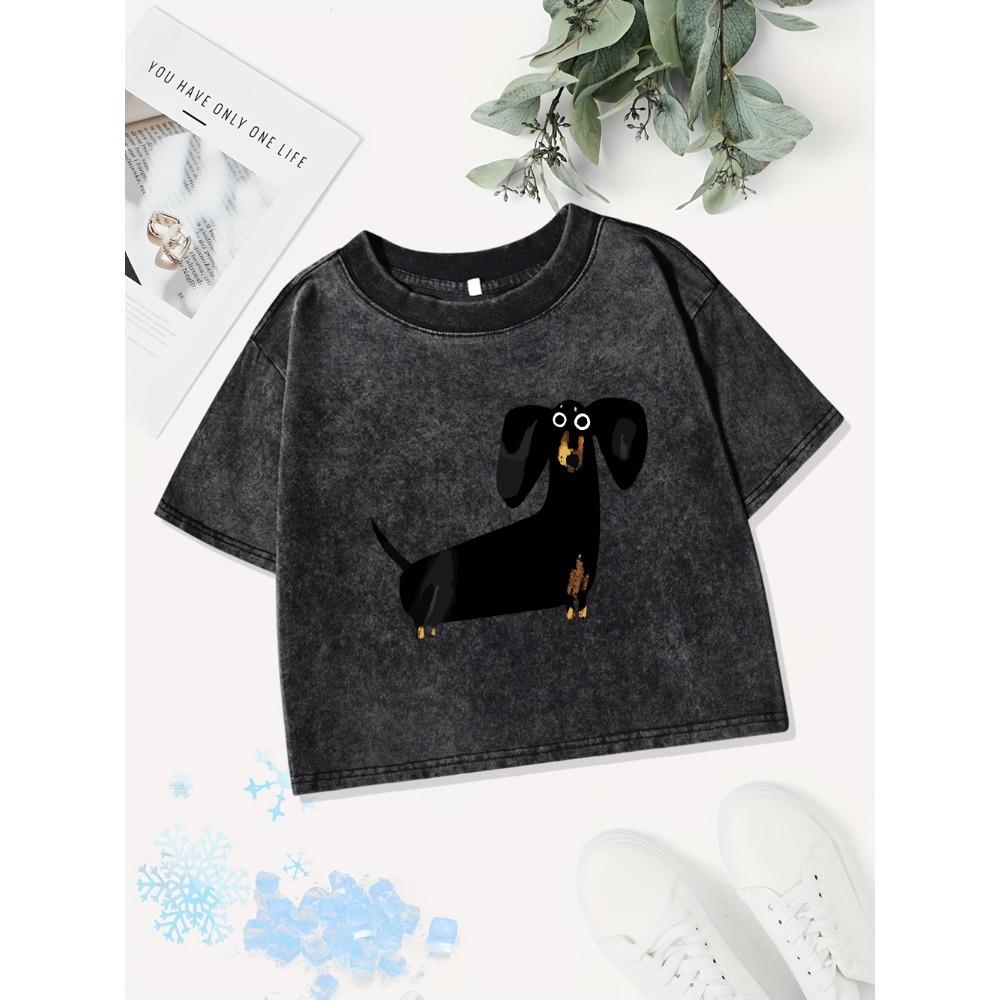 Summer Cotton Crop Tops Womens Funny Dachshund Dog Printing Washed T-Shirts Regular Fit Streetwear Y2K Clothes