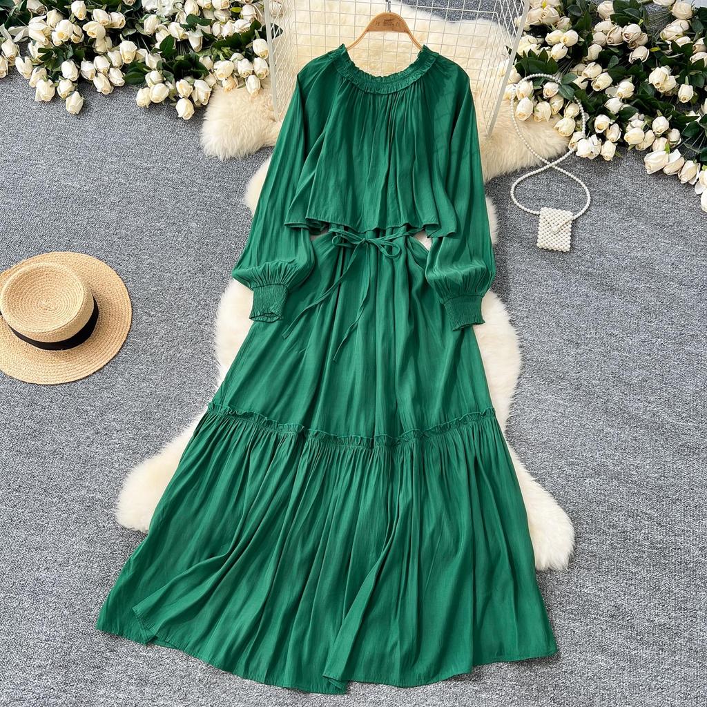 French Vintage Evening Dress Elegant Asymmetrical Ruffle O Neck Long Sleeve Lace Up Spliced Chic High Street Autumn Clothing
