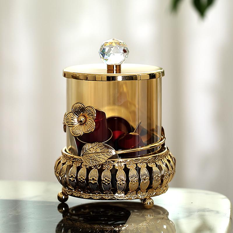 European Glass Candy Jar Gold Cutout Jewelry Cosmetic Storage Box Household Nut Fruit Jewelry Storage Box Gold Flower Decoration