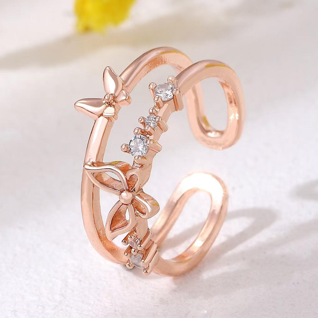 High-quality Retro Double-layer Ring for Women, Niche Ins Copper Micro-inlaid Zircon Butterfly Live Adjustable Simple Ring