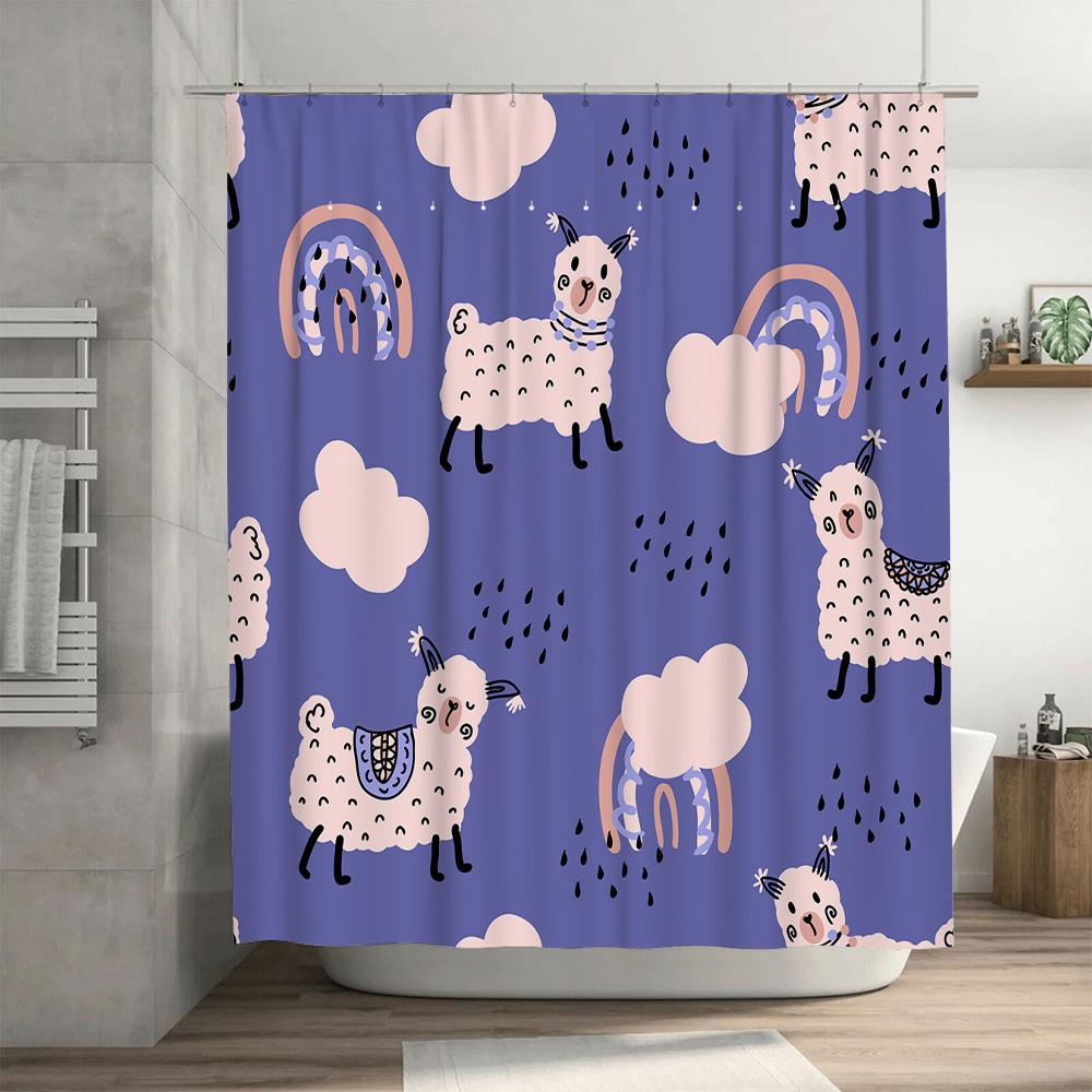 Blue Cartoon Animal Print Shower Curtain Sheep Rainbow Pattern Decor Home Bath Accessories for Kids Bathroom 3D Printed Fabric W