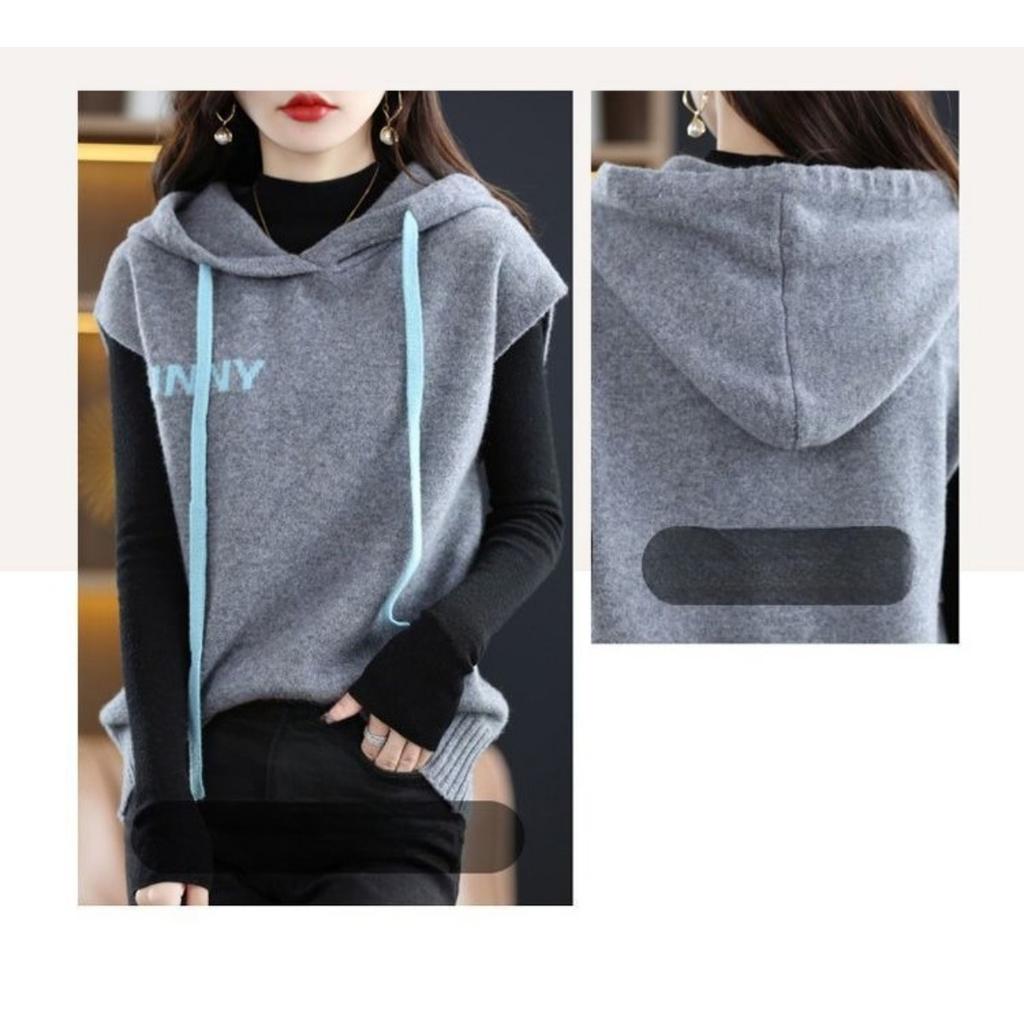 Ermeløs hettegenser, Dame Høst og Vinter Løstsittende Hettegenser Strikket Basegenser