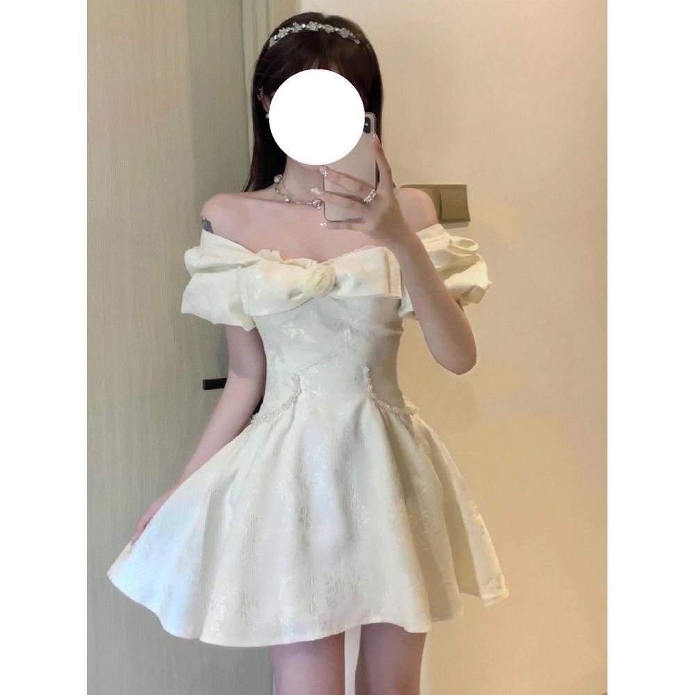 French bubble sleeve dress women's summer square collar high-end temperament fairy tutu skirt waist short skirt small man