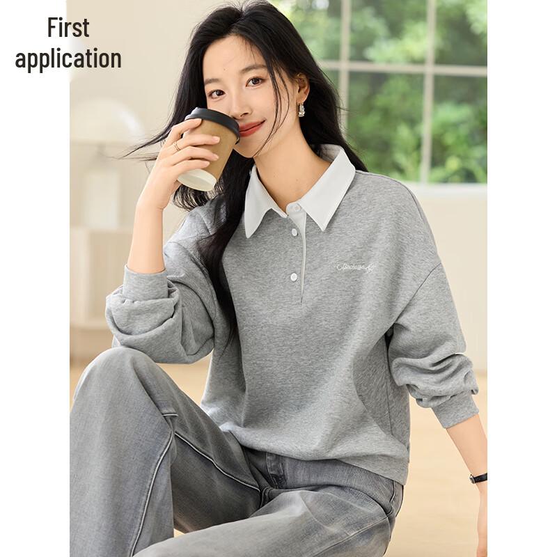 Chushen Women's Contrast Lapel Letter Embroidery Sweatshirt