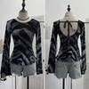 Damen Exklusives rückenfreies Leopardenmuster Schnürung Langarm Slim Fit Oberteil