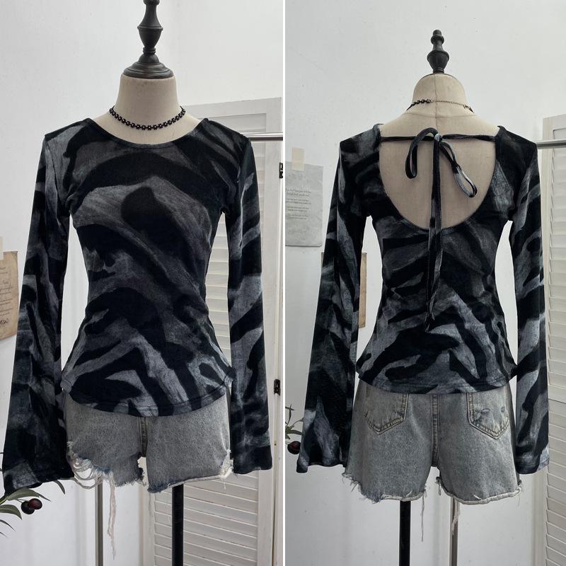 Damen Exklusives rückenfreies Leopardenmuster Schnürung Langarm Slim Fit Oberteil