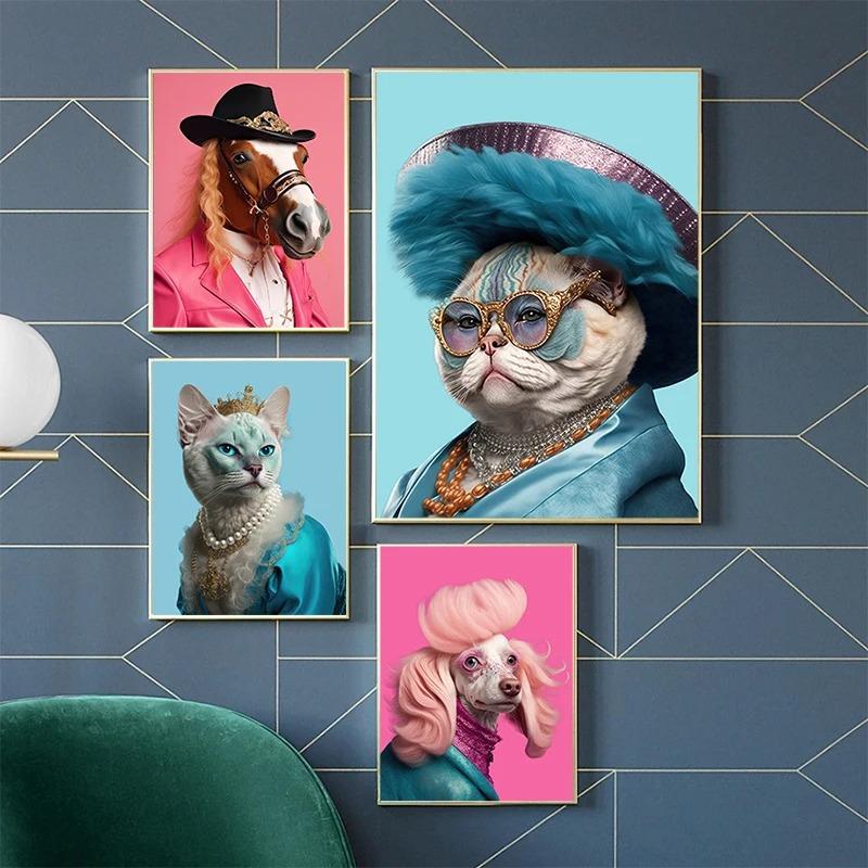 Animal's Gorgeous Cross Dressing Poster Cat Queen Fashionable Fox Posh Hippo Canvas Painting Funny Wall Art Picture Home Decor