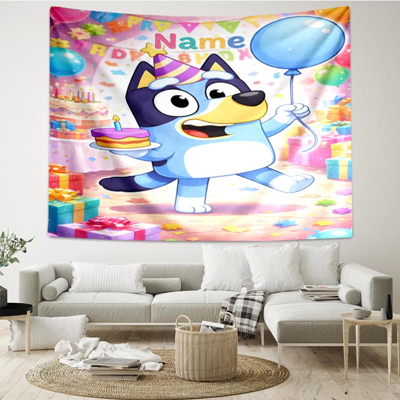Custom Name Bluey Print Tapestry, Backdrop, Easy Setup, Ideal for Bedroom, Office & Living Room, with Aesthetic Wall Hanging Decor.