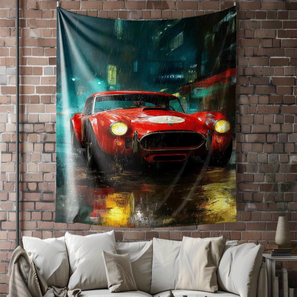

Red sports car in the rain Digital printing polyester wall tapestry suitable for use in living rooms bedrooms offices bars party 74x94cm(29x37in)