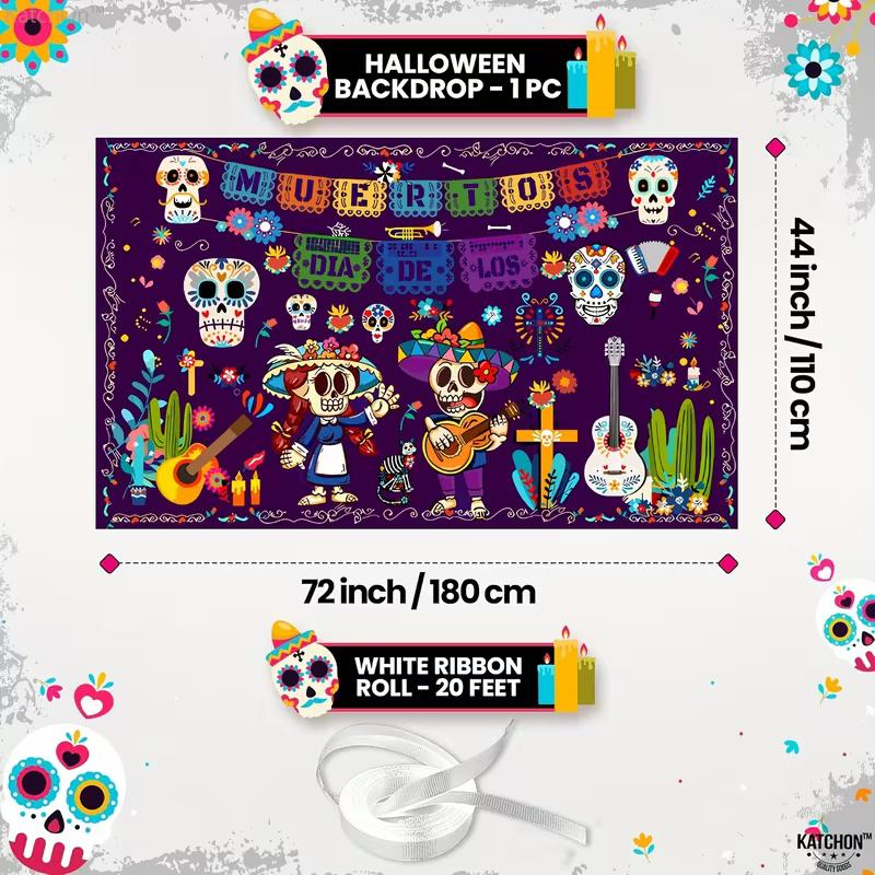 2D Dia De Los Muertos Backdrop, Day of the Dead Sugar Skull Photography Background Banner