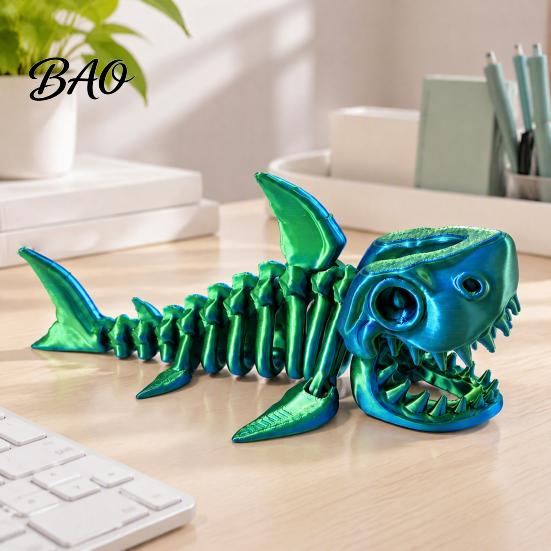 Unique Collectible Shark Figurine 3D Printed Articulated Skeleton Figurine, Pearlescent Flexible Joint Desktop Ornament for Kids Bone Toy, Fidget Desk