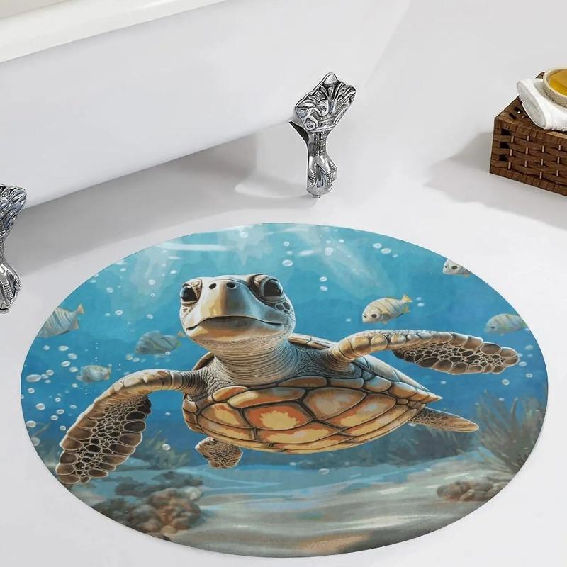 Cartoon Sea Turtle Round Rug Washable Area Rugs Indoor Circle Door Mat Soft Non-Slip Carpet for Living Room Bedroom Dining