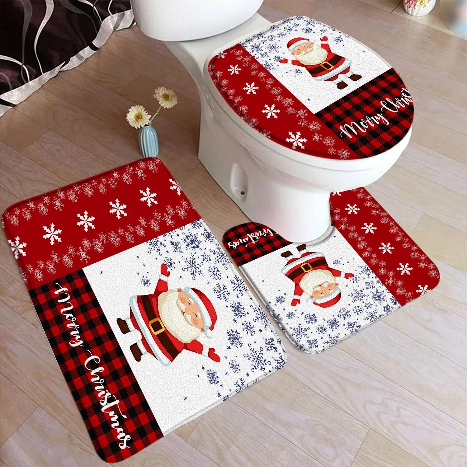 3-delige Merry Christmas Badmat Set Kerstboom Rood Winter Nieuwjaar Toiletdeksel Voetkleed Antislip Badkamer Accessoireset 45X75CM