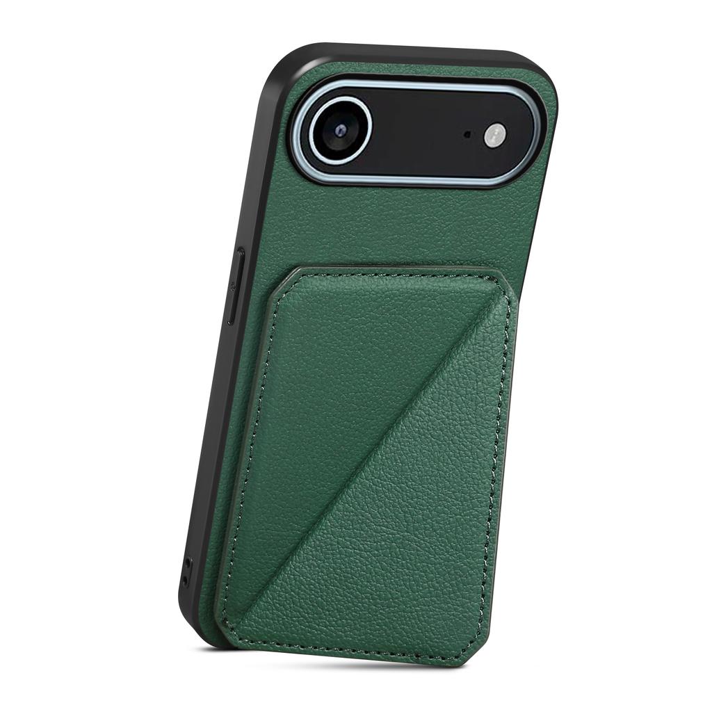 For iPhone 17 Air Case Card Holder Kickstand Calf Textured Leather+PC+TPU Phone Cover
