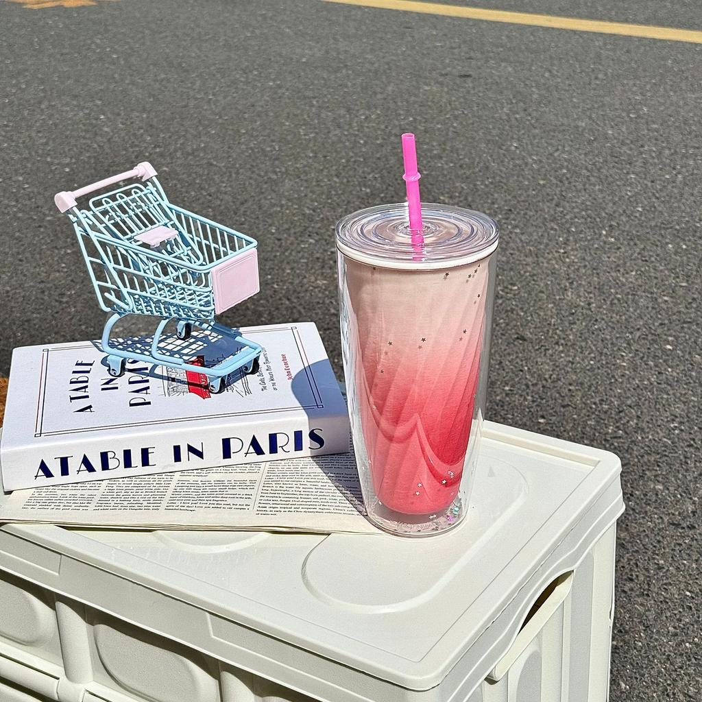 Summer Plastic Water Cup Female High Value Straw Cup, Portable Sports Large Capacity Gradual Change Color Cup