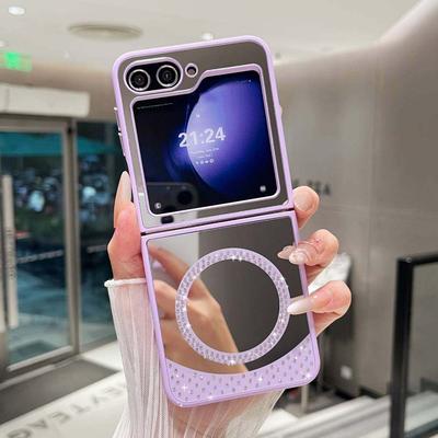 Funda Espejo para Samsung Galaxy Z Flip3/ Flip4/ Flip5/ Flip6 Carga Inalámbrica Magnética MagSafe Moda Maquillaje Color Caramelo Brillo Cubierta de Teléfono