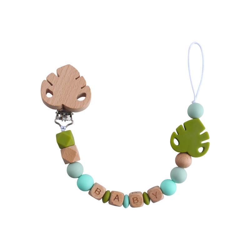 DIY Baby Personalized Name Leaf Pacifier Clips Holder Chain Teething Toys Gifts Wooden Ring Anti-drop Chains Babies