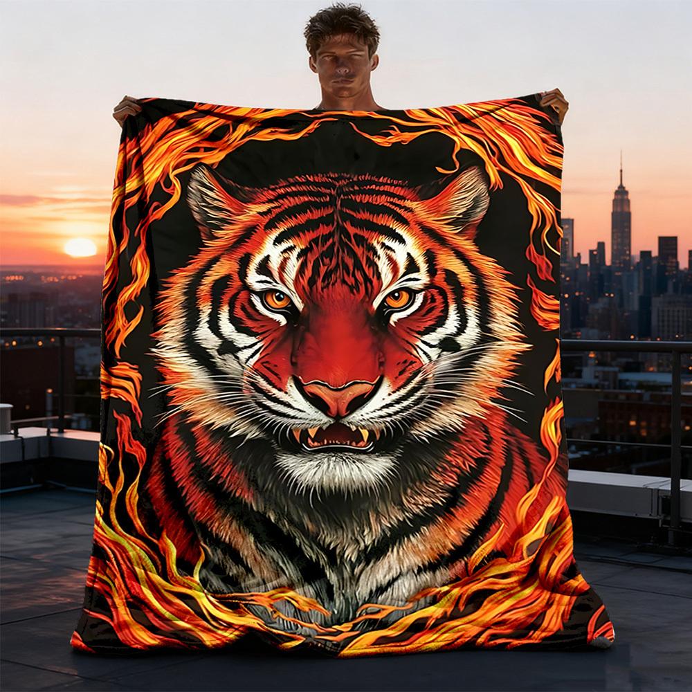 1pc Tiger Flame Print Print Outdoor Blanket, Lightweight Polyester,