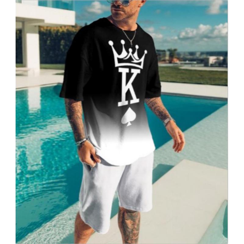 Summer Men Sets 3D Print Letter K Short Sleeve T Shirt Shorts Tracksuit O-neck Men's Suit 2 Piece Causal Man Clothes Sportswear