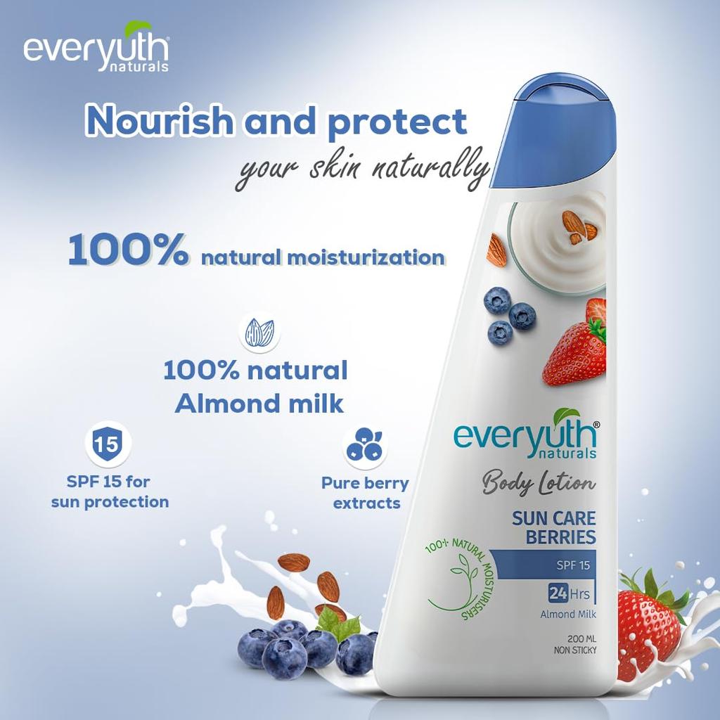 Everyuth Naturals Sun Care Berries Body Lotion 200ml With SPF 15 For 24 Hour Hydration, Soft Skin And Daily Moisturizing Protection
