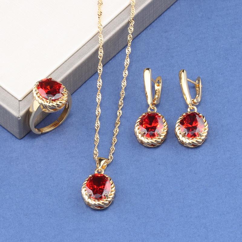 Romantic Wedding Fashion Women Accessories Necklace And Earrings Ring Colorful Zircon Sets  Gold Plated Jewelry For You Gift