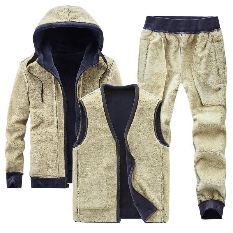 Men Winter Plus Velvet Thick Tracksuits Men's Lamb Cashmere Hoodies Vests Pants Three Pieces Sets Men Warm Casual Lamb Woolen Sets