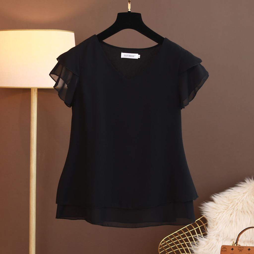 Summer Women Blouse V-Neck Chiffon Shirt Loose Female Short Sleeve Blouse Oversized Shirts Womens Tops
