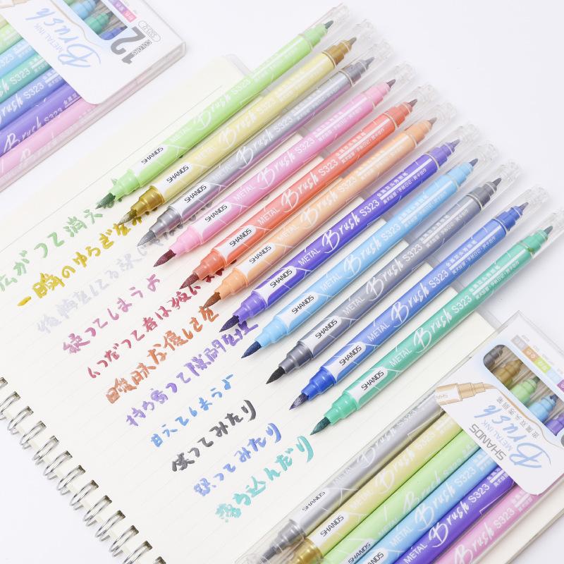 12pcs Metal Ink Brush Pens Set Double Ended Metallic Color Drawing Art Marker Liner Hand Lettering Calligraphy Painting
