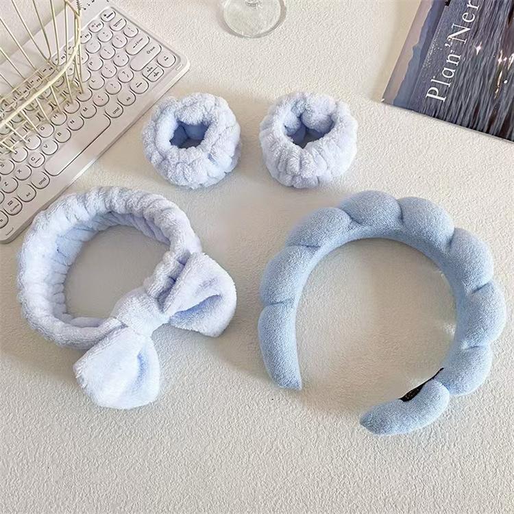 Solid Color Cloud Hair Band Set 4pcs Spa Headband and Wristband with Sponge Makeup Fashionable Hair Accessories