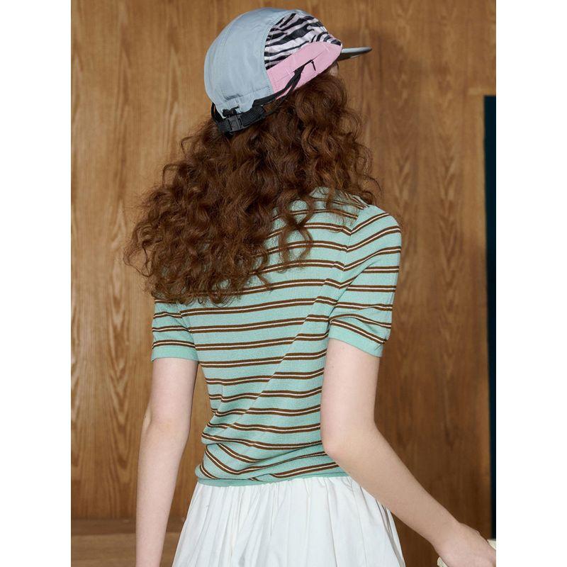 Coolhut Striped Color-Blocked Round Neck Slim-Fit Tencel Short-Sleeve Versatile Short Top 2025 Summer Women's Knitwear